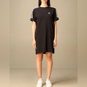 Adidas midi dress, black with white logo and stripes down the sleeves-loose fit